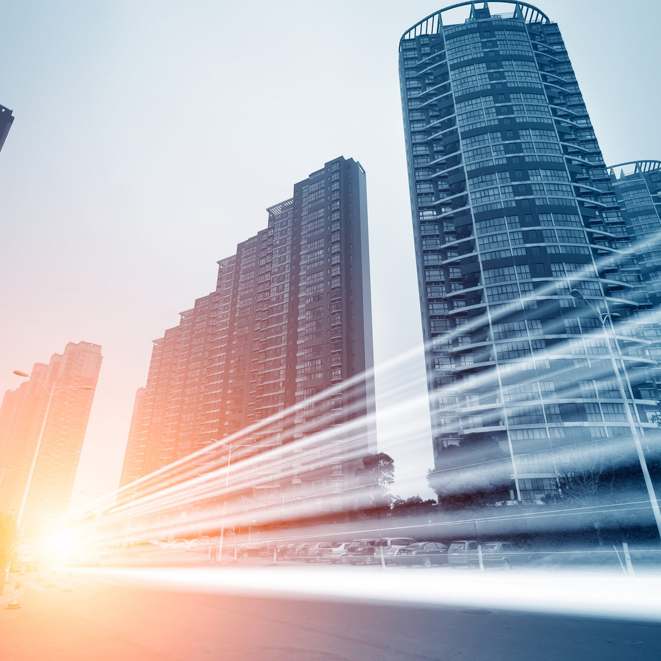 the light trails on the modern building background in shanghai china.